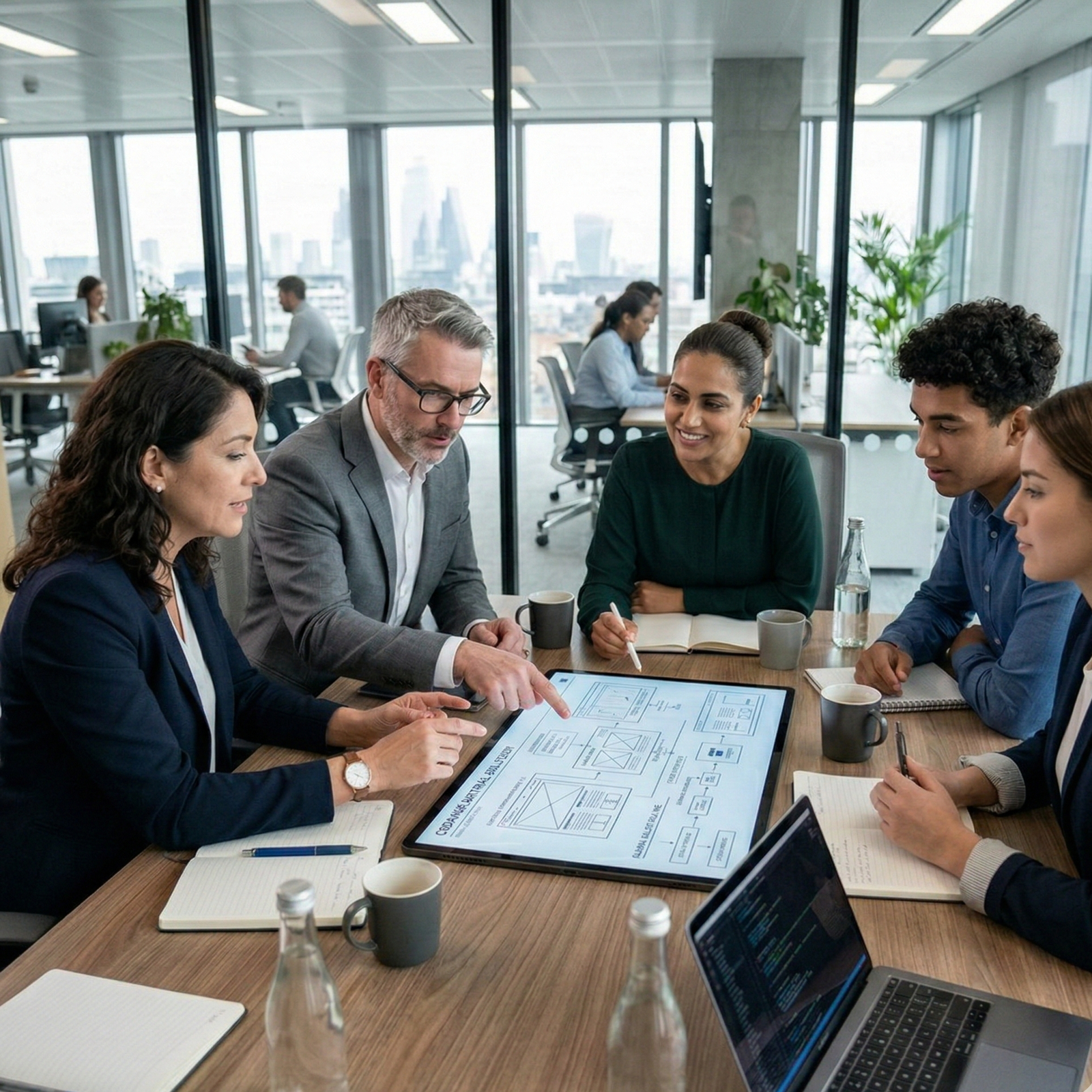 Equipo profesional colaborando sobre un proyecto digital