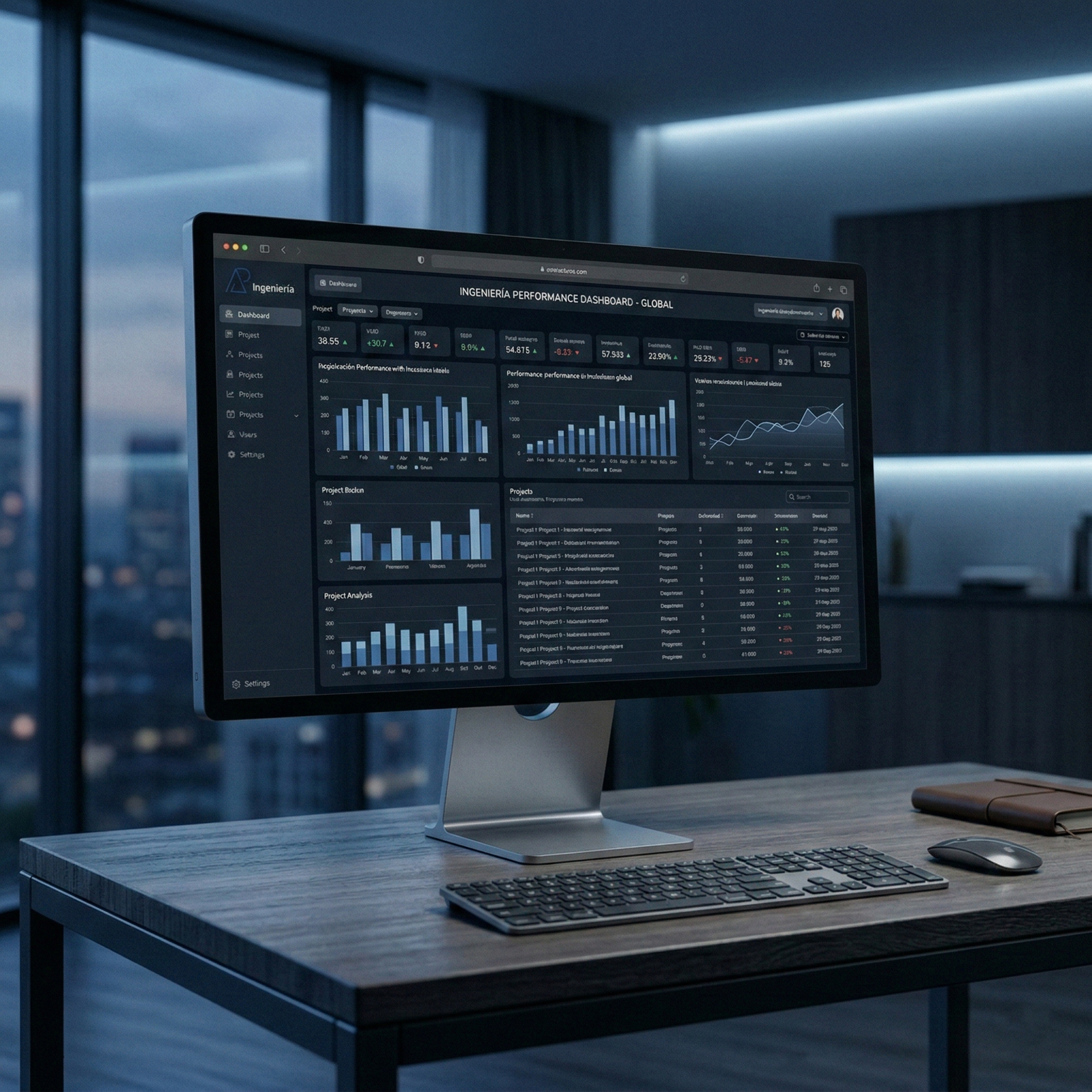 Terminal de control de AP Ingeniería mostrando un entorno de dashboard analítico oscuro